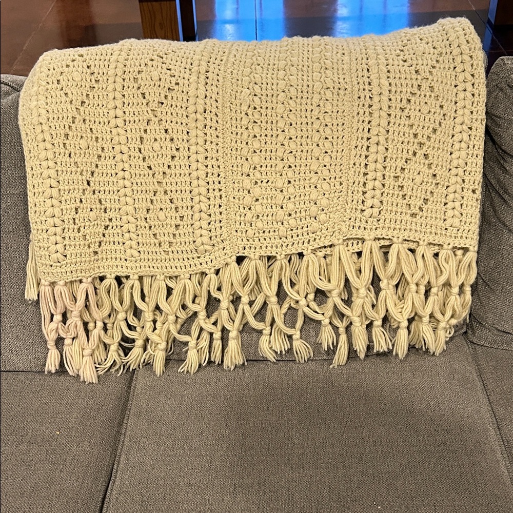 Handmade Crocheted Afghan Blanket - Cream 63 x 61 Inches - Picture 5 of 5